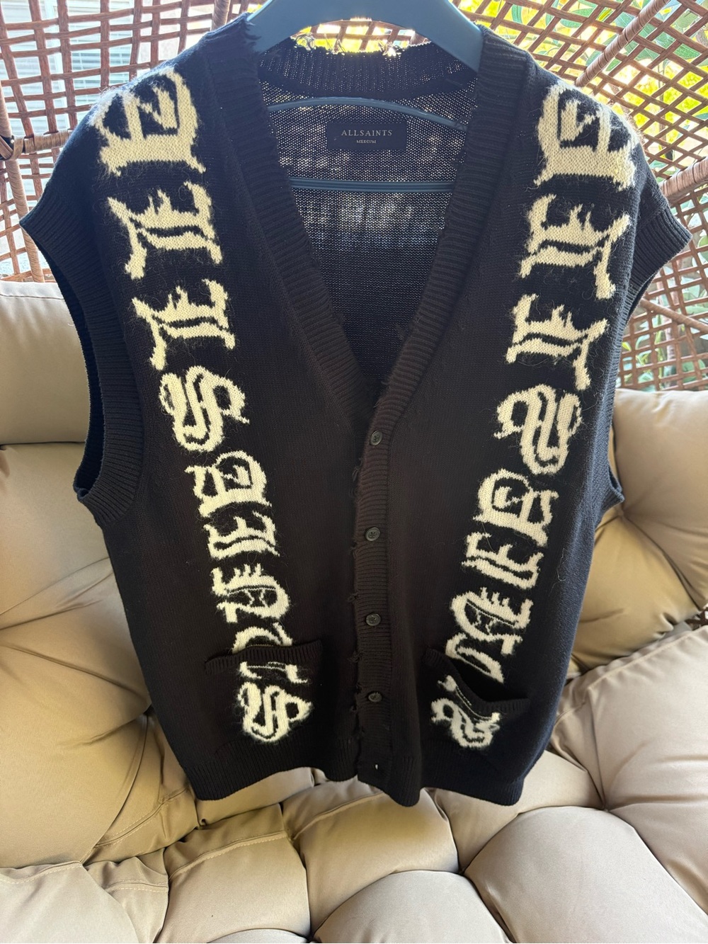AllSaints Black Knit Button-Front Cardigan Vest with Cream Gothic Script